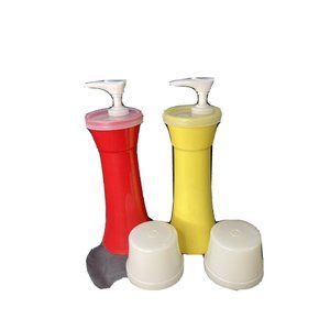 Vtg Tupperware Hourglass Condiment Ketchup Mustard Pump Dispenser Condiment Set